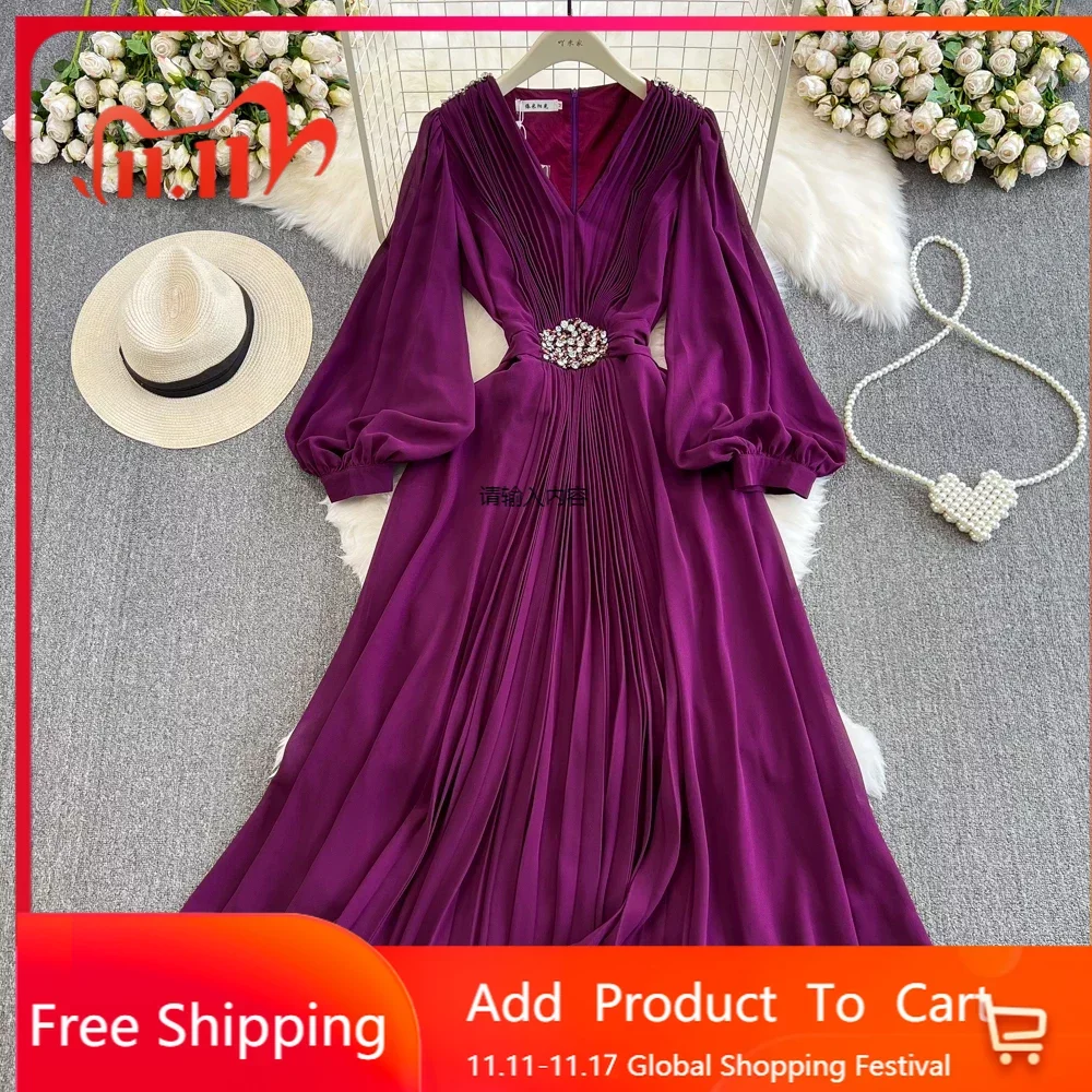 

Women Diamonds Draped Chiffon Plated Party Long Dress Vacation Ladies V-neck Beading Swing Evening Elegant Dresses Robe Vestidos