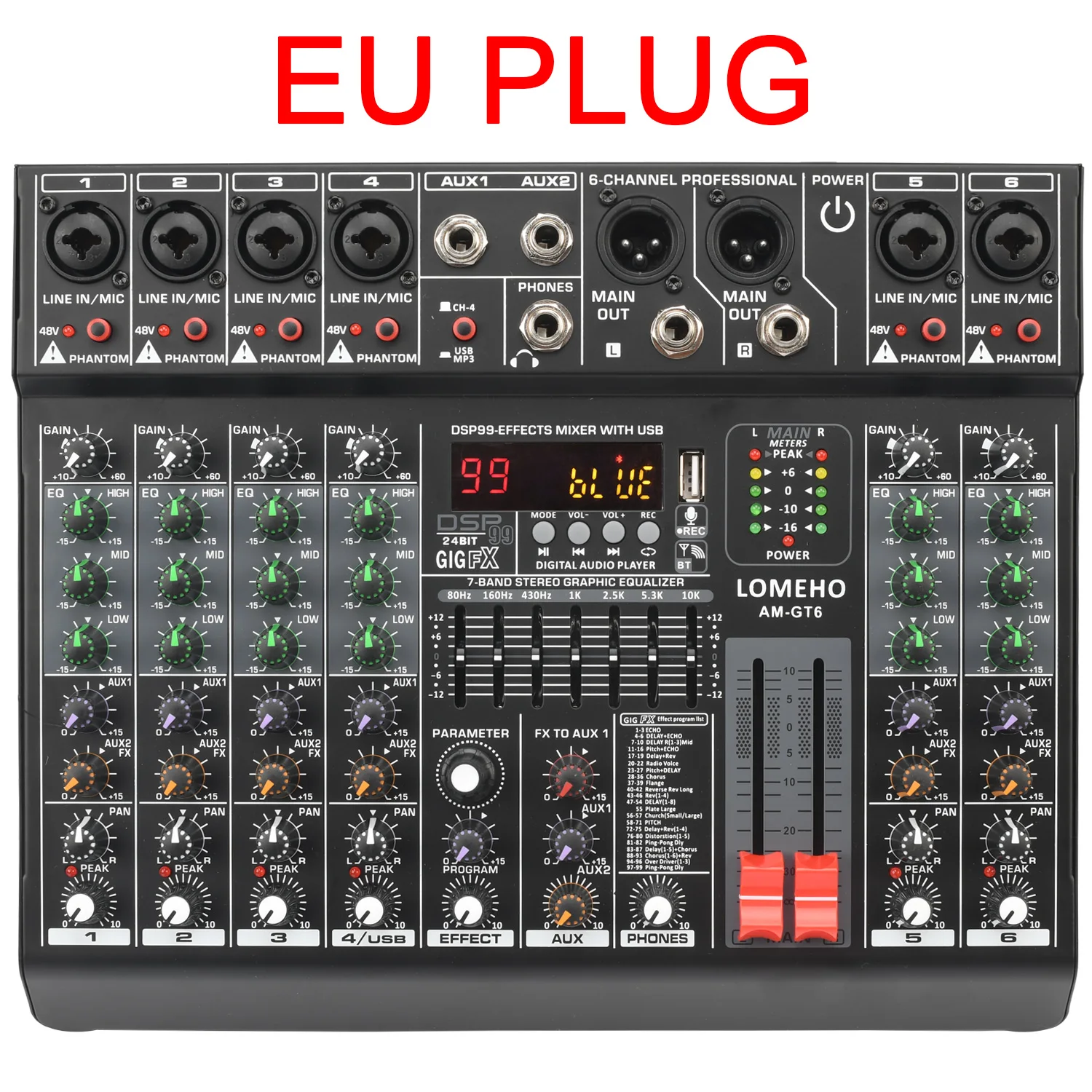 LOMEHO 6 Mono Kanalen Mengpaneel 99 Digitale Effecten Bluetooth USB PC Geluid Audio Mixer met 48 V voor Karaoke Kerk AM-GT6