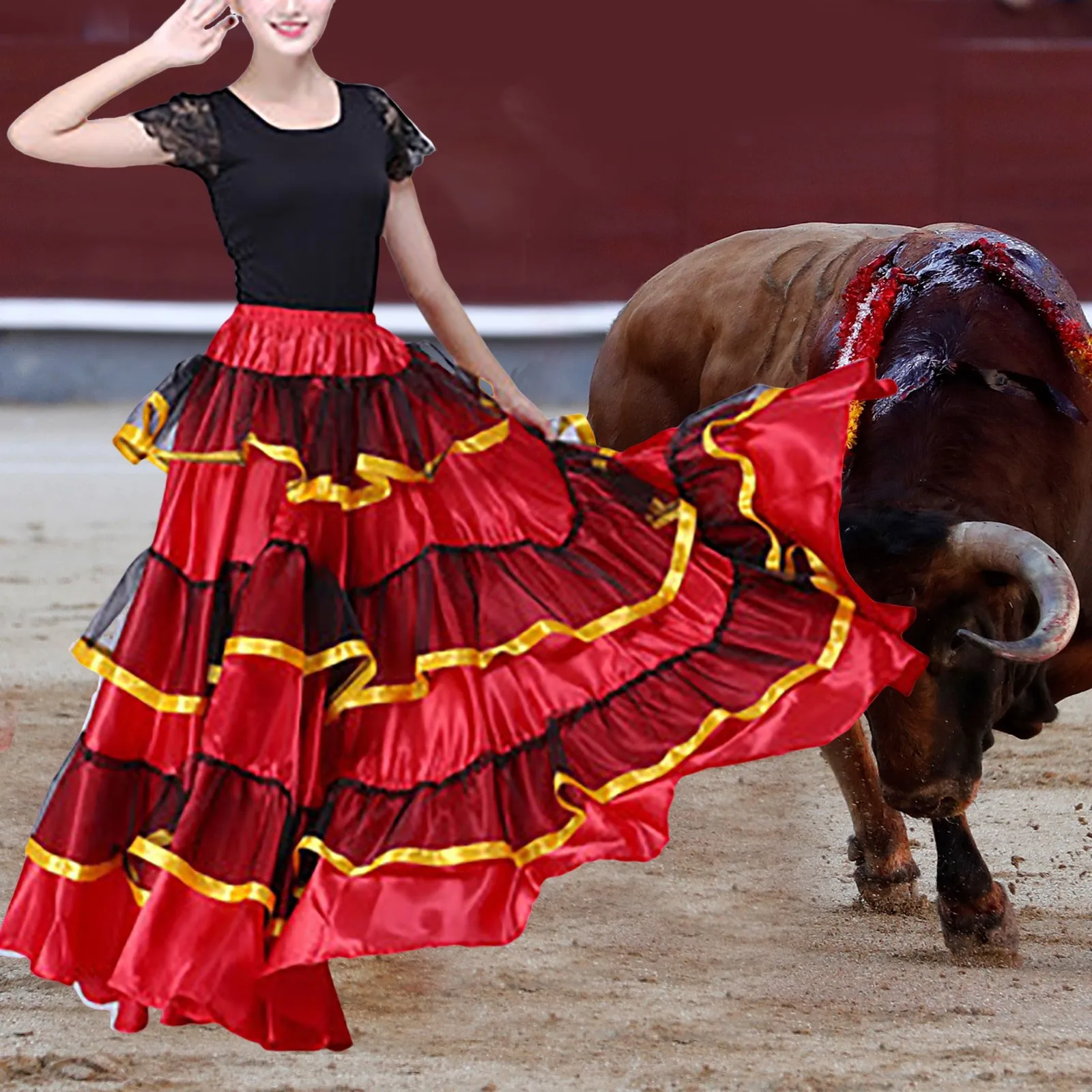 Spanish Flamenco Skirt Bullfight Dance Dress Costumes Stage Performance Party Red Skirt Women Female Clothing