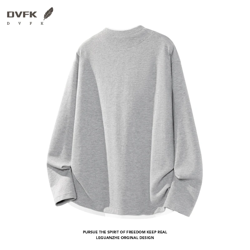 Men Fake Two Piece Long Sleeve Shirt Notch V Neck Waffle Knit Loose Fit Casual Daily Basic Top view 2