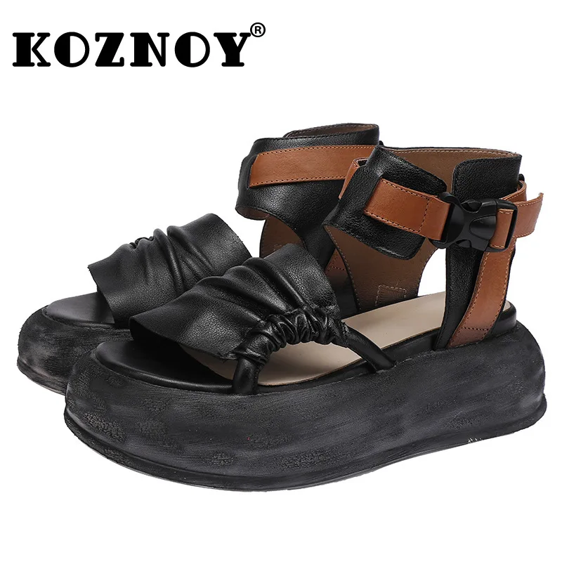 Koznoy 6.5cm bydlęca prawdziwa skóra moda letnia botki okrągła letnie klapki Mary Jane platforma klamra klinowa damskie buty