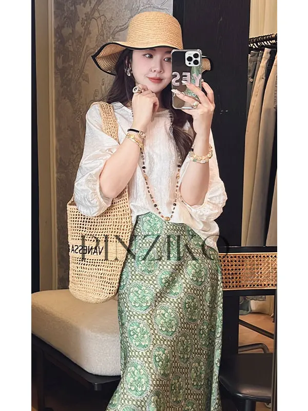 

PINZIKO Свободный топ с рукавами-фонариками, легкий, в стиле Maturi, из полиэфирного волокна, с длинными рукавами, круглым вырезом, повседневный