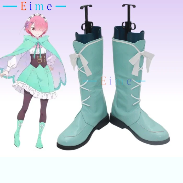 Ram Green Boots Cosplay Shoes Anime Re Zero Cosplay Props Halloween Carnival Boots Big Size PU Leather Shoes Custom Made