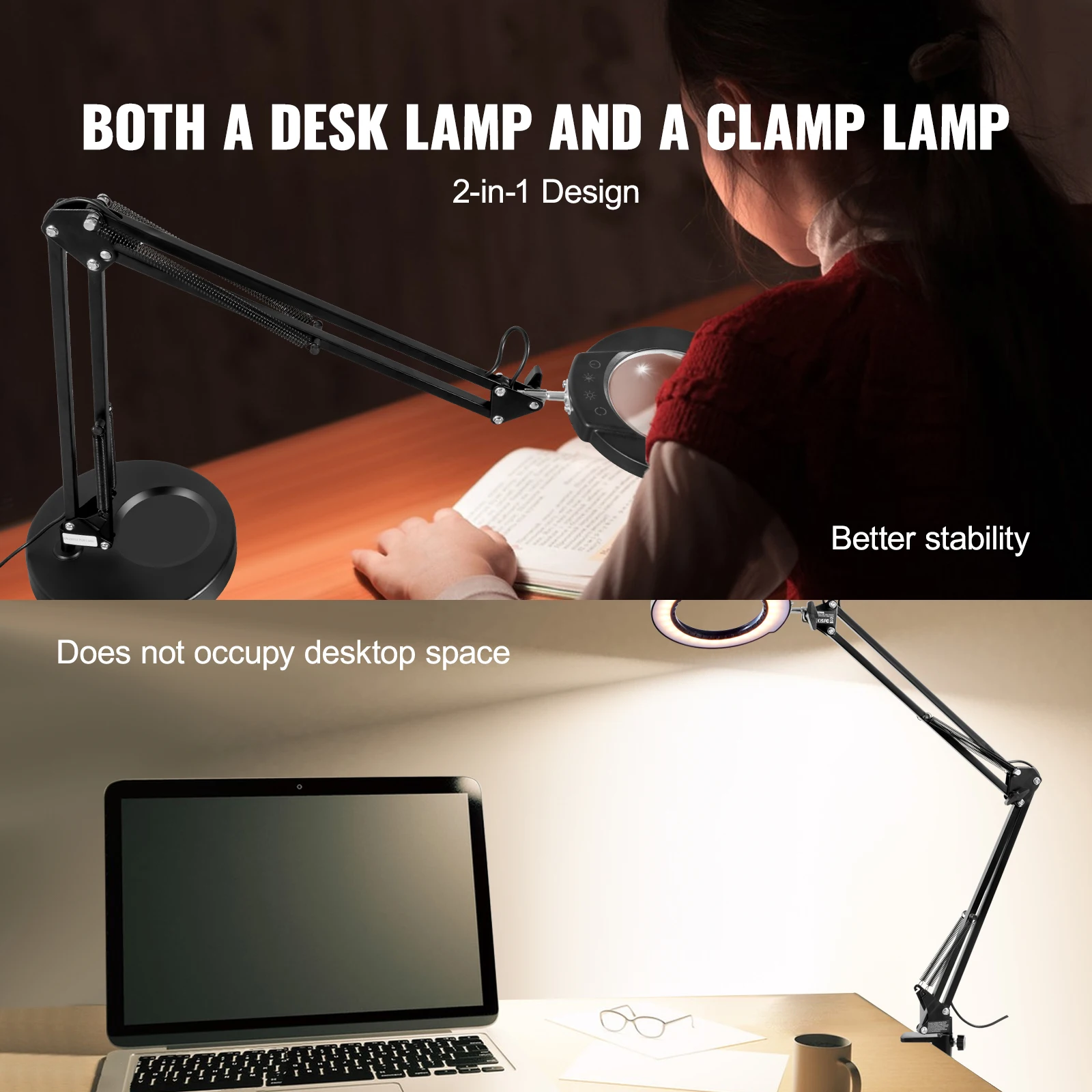 VEVOR Magnifying Glass with Light 5X Magnifying Lamp 4.3" Glass Lens Base or Clamp Desk Magnifier with 64 LED Lights