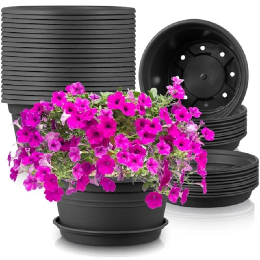 Indoor and outdoor planters for home garden use; plastic material; black color; 10-inch round pots with drainage holes and sauc