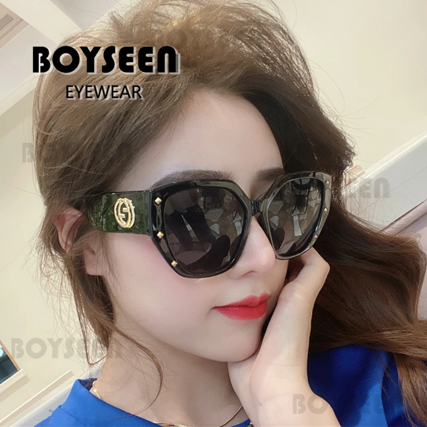 BOYSEEN Brand Design Studded Frame Sunglasses Women  Oversized Metal Logo Decoration Eyewear Tortoiseshell Sunglasses UV400