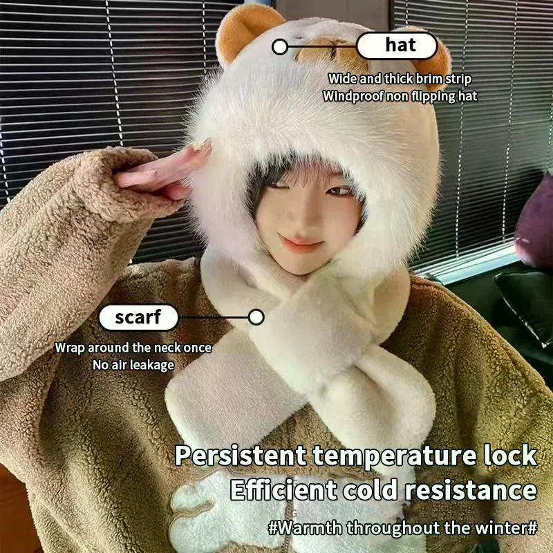 العصرية لطيف الكرتون كابيبارا قبعة وشاح الشتاء الدافئة وشاح قبعة للنساء الفتيات Kawaii الأذن حماية لينة فروي وشاح قبعة الهدايا