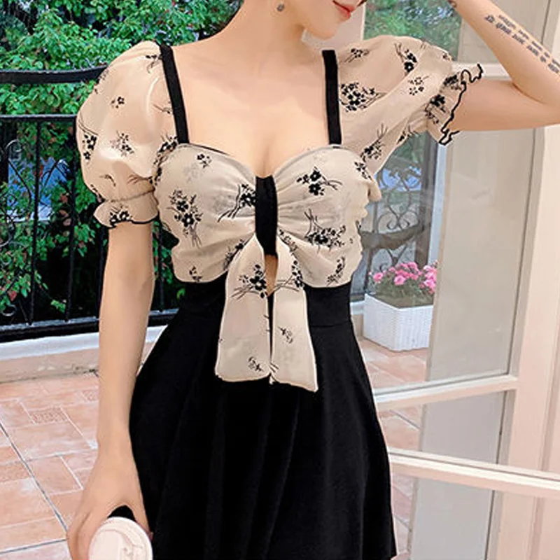 2023 New Summer Bohemian Sweet Bow Hollow Out Pure Desire Age Reducing Bubble Sleeves Casual Vacation Flat Corner Skirt Swimwear