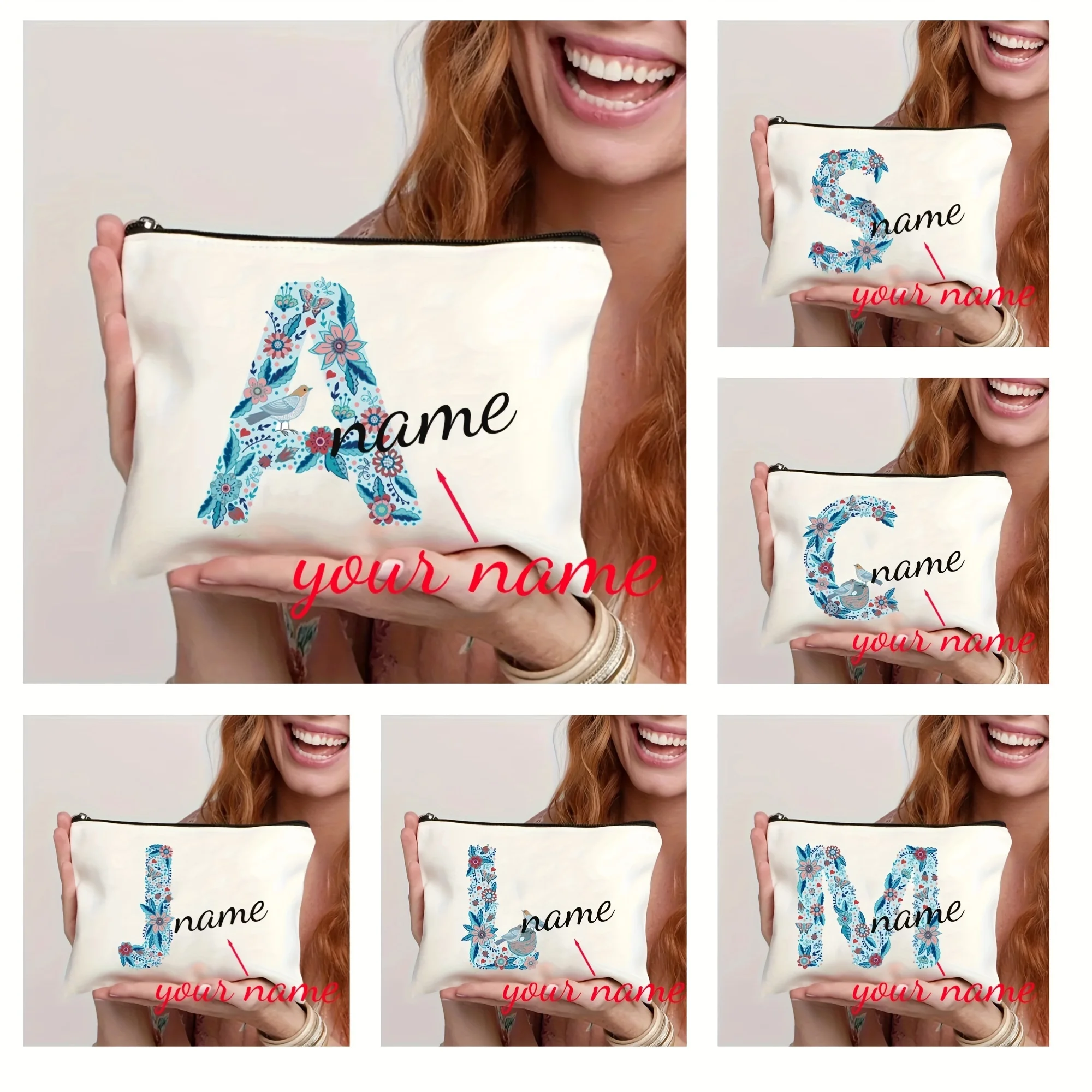 Personalized Name Butterfly Bird Beautiful Flower 26 English Alphabet Makeup Bag Handbag Cosmetic Bag Pencil Case Gift Bag