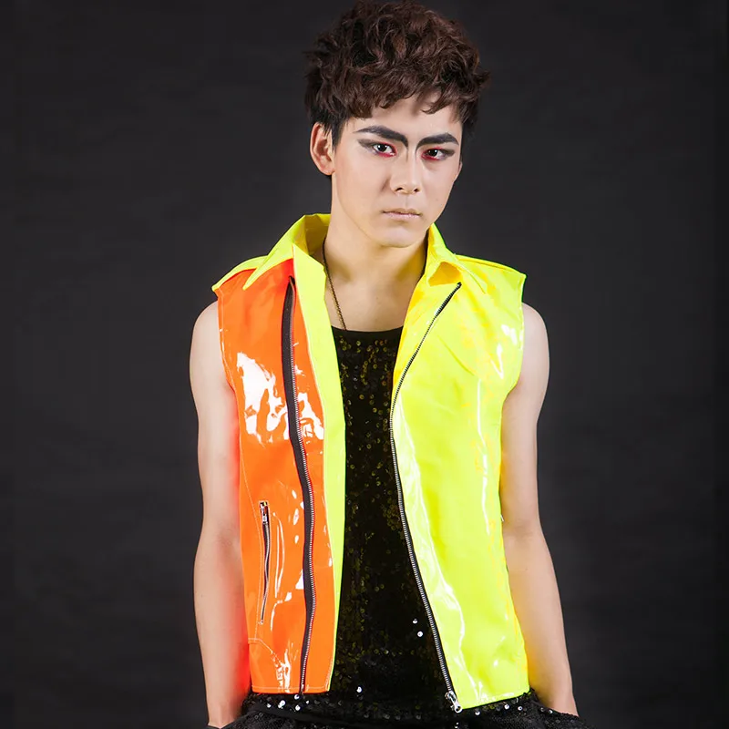 Fluorescent Yellow Orange Color Personality Stage PU Zipper Motorcycle Vest Bar Night Club Singer Stage Performance Clothing