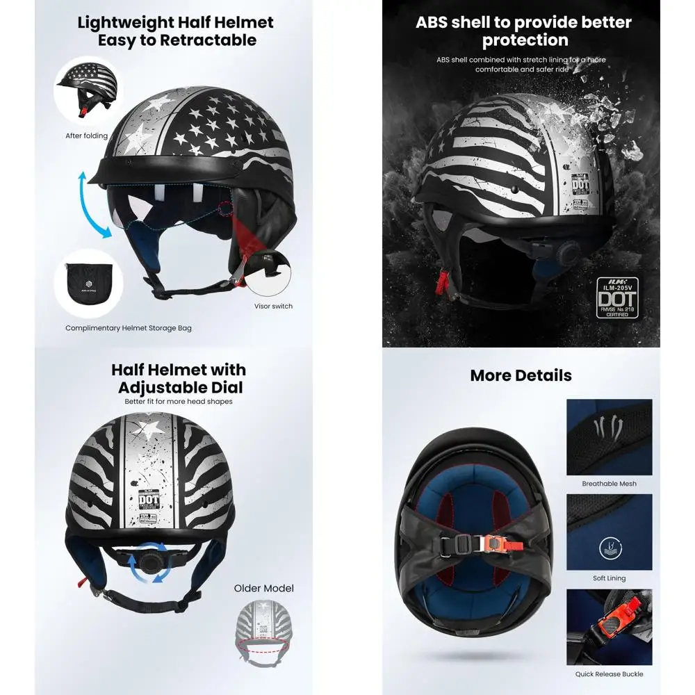 

Motorcycle Half Helmet with Quick Release Sun Visor, DOT Approved, Open Face, Suitable for Cycling and Motocross, XL Size, Patri