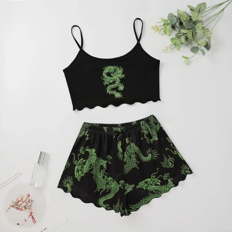 Sexy Nightwear Women Printed Dragon Vest Halter Top Shorts Leopard Print Pajamas Homewear Suit Ladies Sleepwear Loungewear