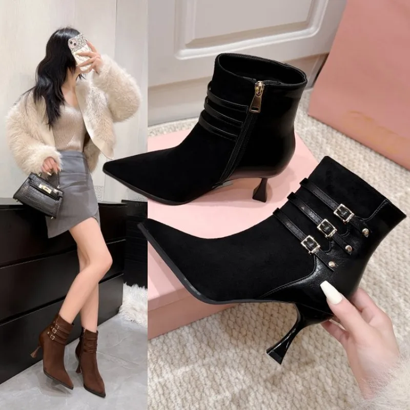 

Autumn Women's High Heel Print Ankle Boots New Winter Pointed Head Thin Heel Chelsea Boots for Shoes Dress