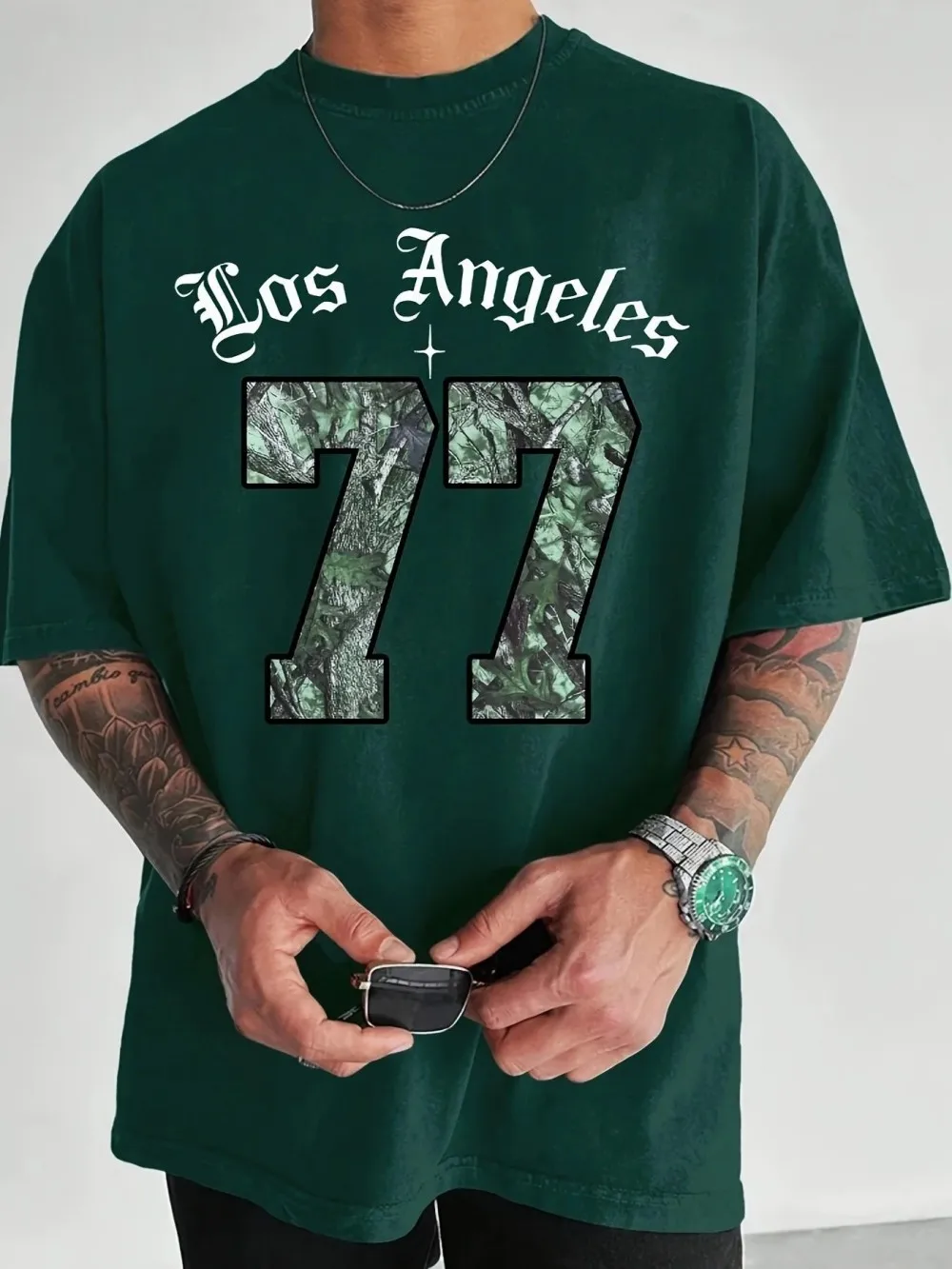 2025, neues Sommer-T-Shirt für Herren, modisch, lässig, atmungsaktiv, Rundhalsausschnitt, mit der Nummer 77 und Buchstaben von Los Angeles, aufgedruckt