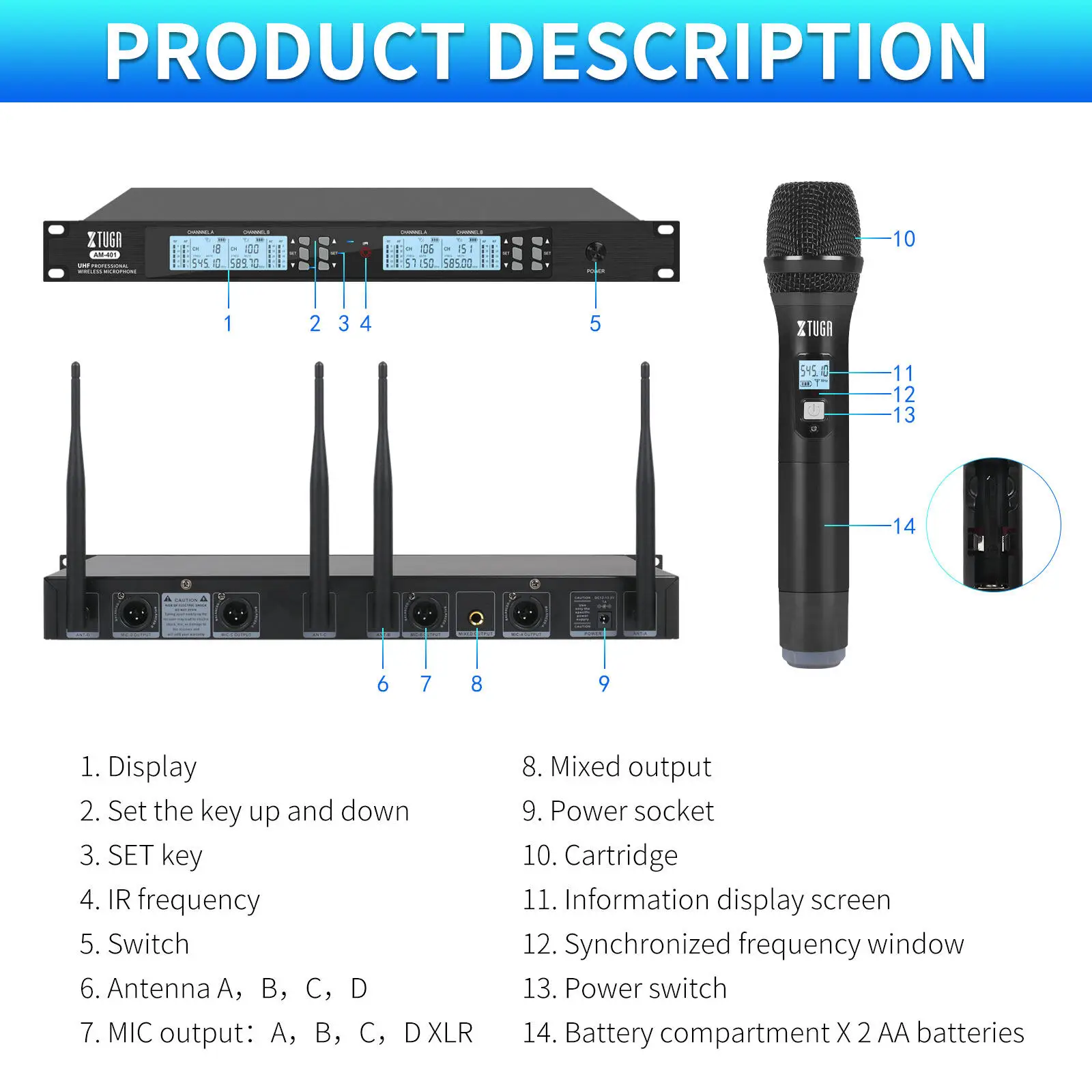 XTUGA AM-401 New Arrivals 4 in 1 Wireless Microphone System Handheld Mic Karaoke Singing Microfono For Speech