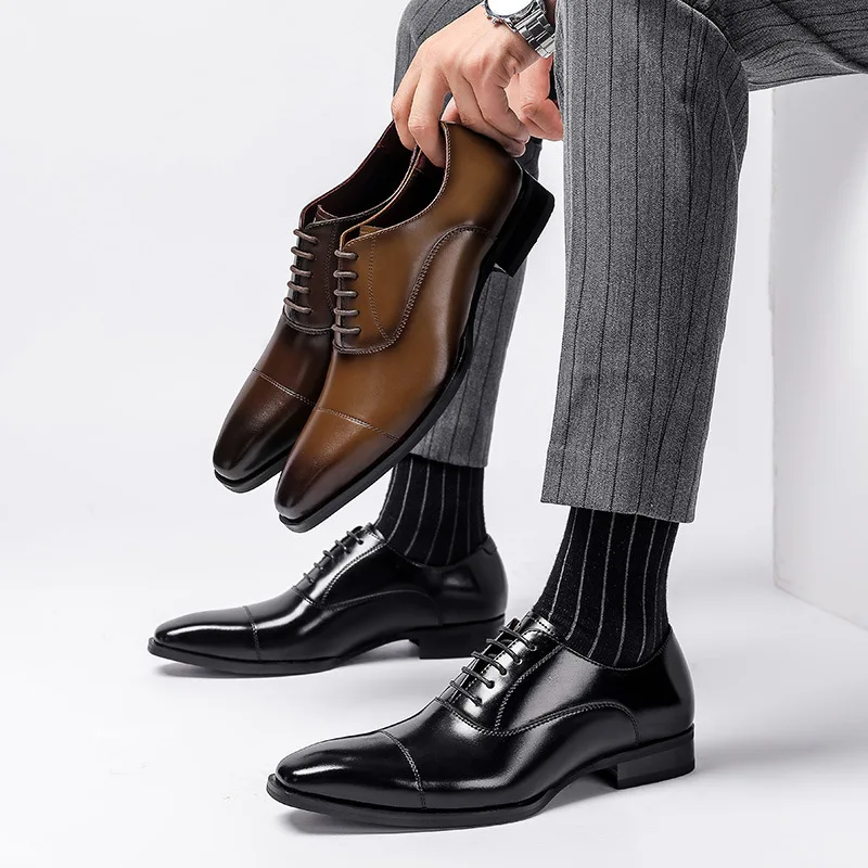 Men's Fashion Business Dress Shoes Large Size Business Formal Genuine Wedding Commuting Three-joint Square-toed Men's Leather