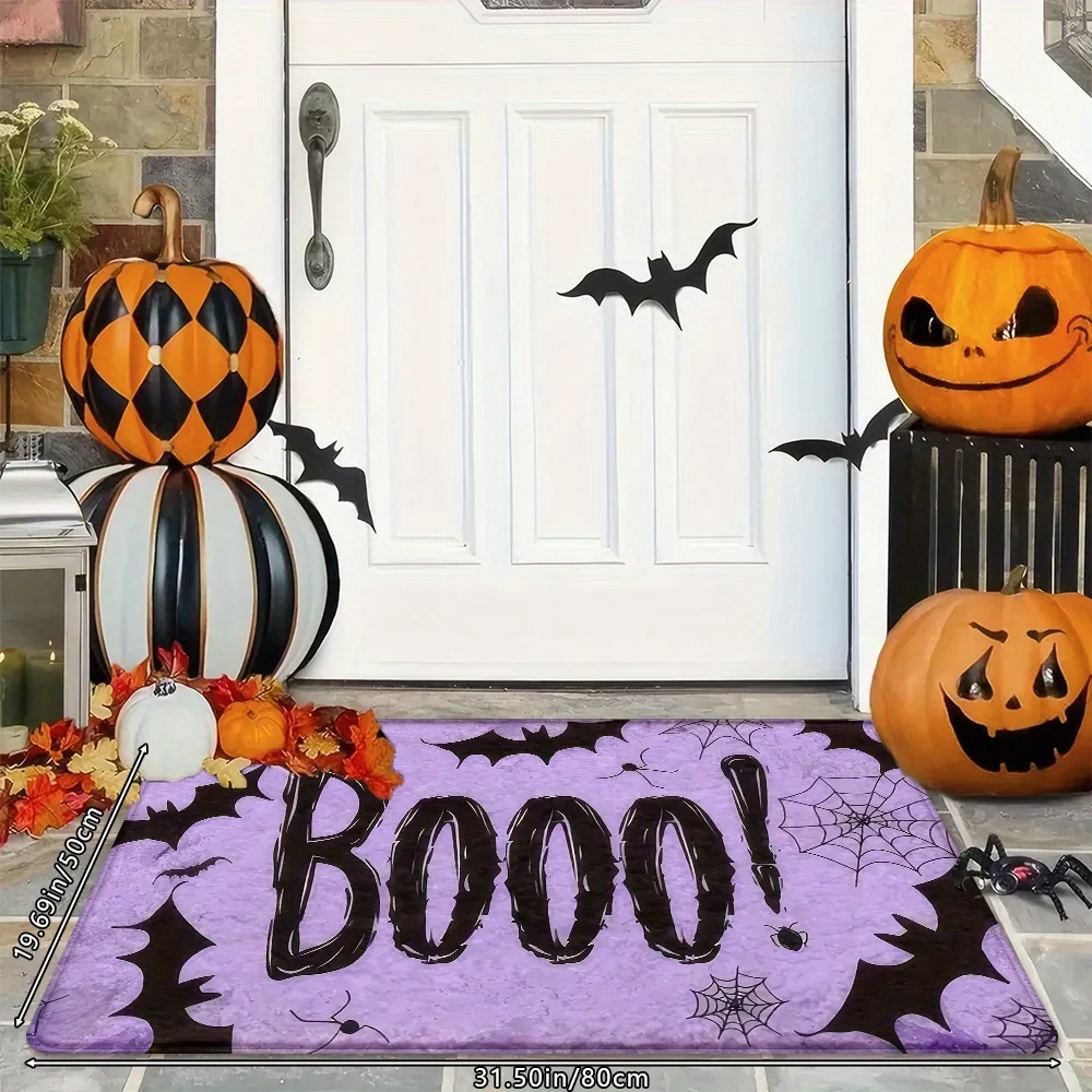 1pc, Halloween 'BOO' Themed Purple Doormat, Non-Slip Mat for The Entrance, Soft And Absorbent Bathroom Mat, Halloween Kitchen