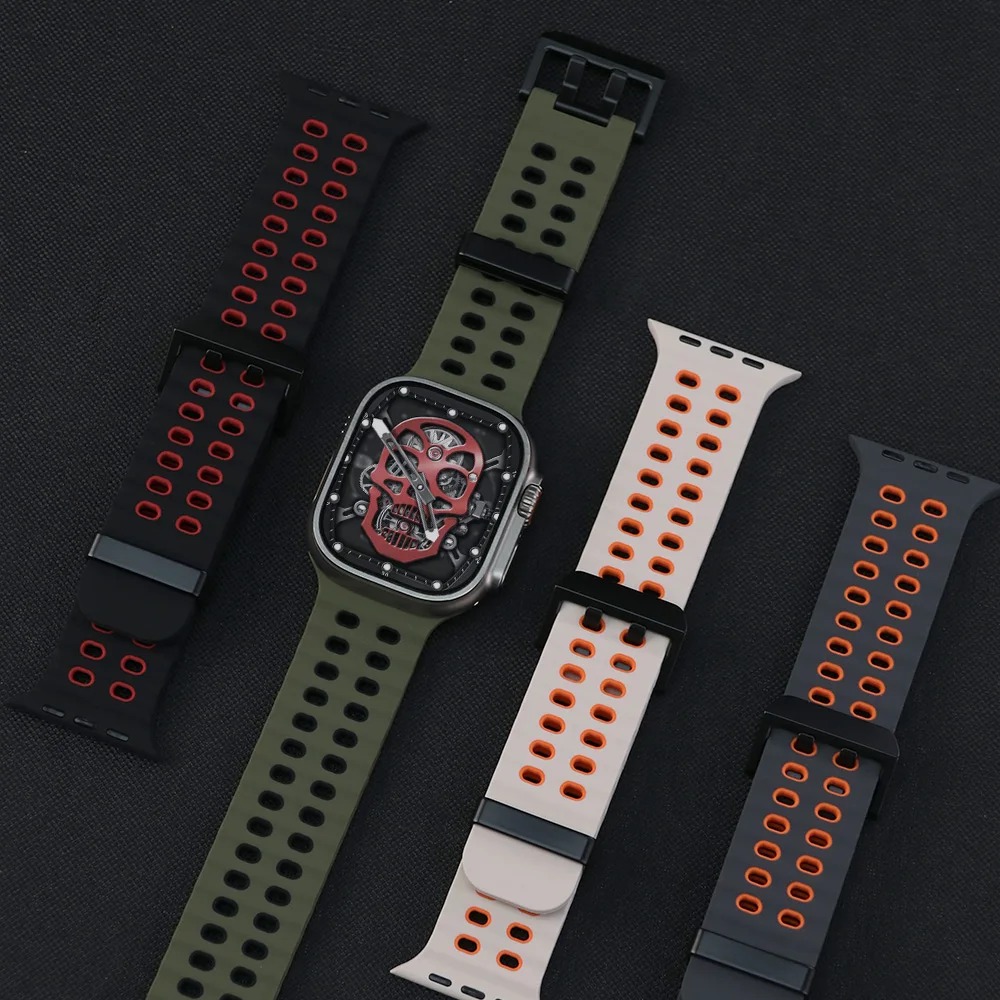 سيليكون تنفس حزام لساعة أبل الترا 49 مللي متر حزام المعصم ل iWatch سلسلة 10 9 8 7 6 5 se 46 مللي متر 45 مللي متر 44 مللي متر 42 مللي متر معصمه