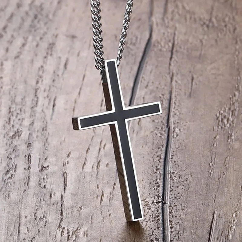 Meaeguet Classic Black Jesus Cross Necklaces Pendants Women Men Stainless Steel Prayer Crucifix  Male Chocker Chain