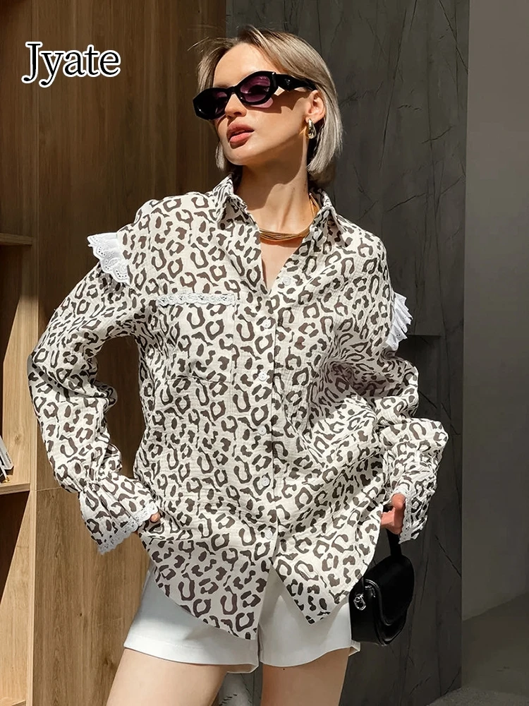 Jyate Autumn 2024 Fashion Leopard Print Shirts Women Frill Lantern Sleeve Loose Cheetah Flare Blouses And Tops Office Lady Shirt