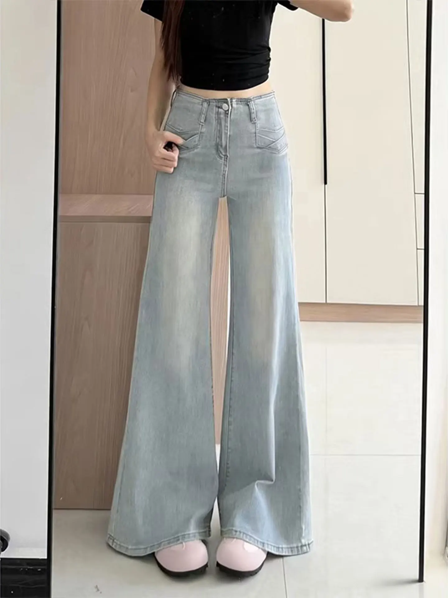 

Slimming High Waist Flared Jeans Women's Summer Fashionable Not Legging Bootcut Long Pants Cotton Stretch Denim Blue Jeans