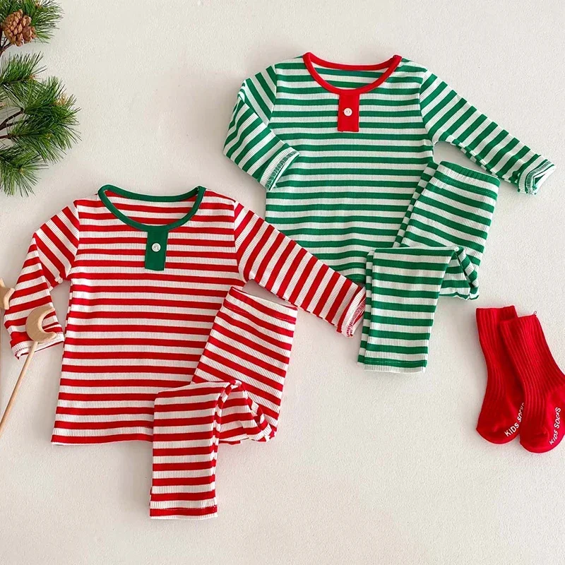 2024 New Year Clothing Suit Infant Baby Boys Girls Clothes Set Long Sleeved Cotton Striped T-shirt+Pants Christmas Costume