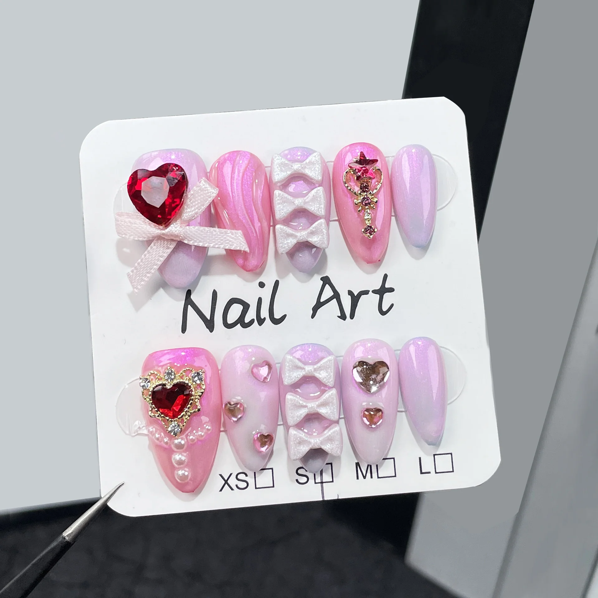 

Накладные ногти ручной работы с жемчугом, большие красные накладные ногти с кристаллами в стиле милый Аврора Розовый Ins, корейские накладные ногти