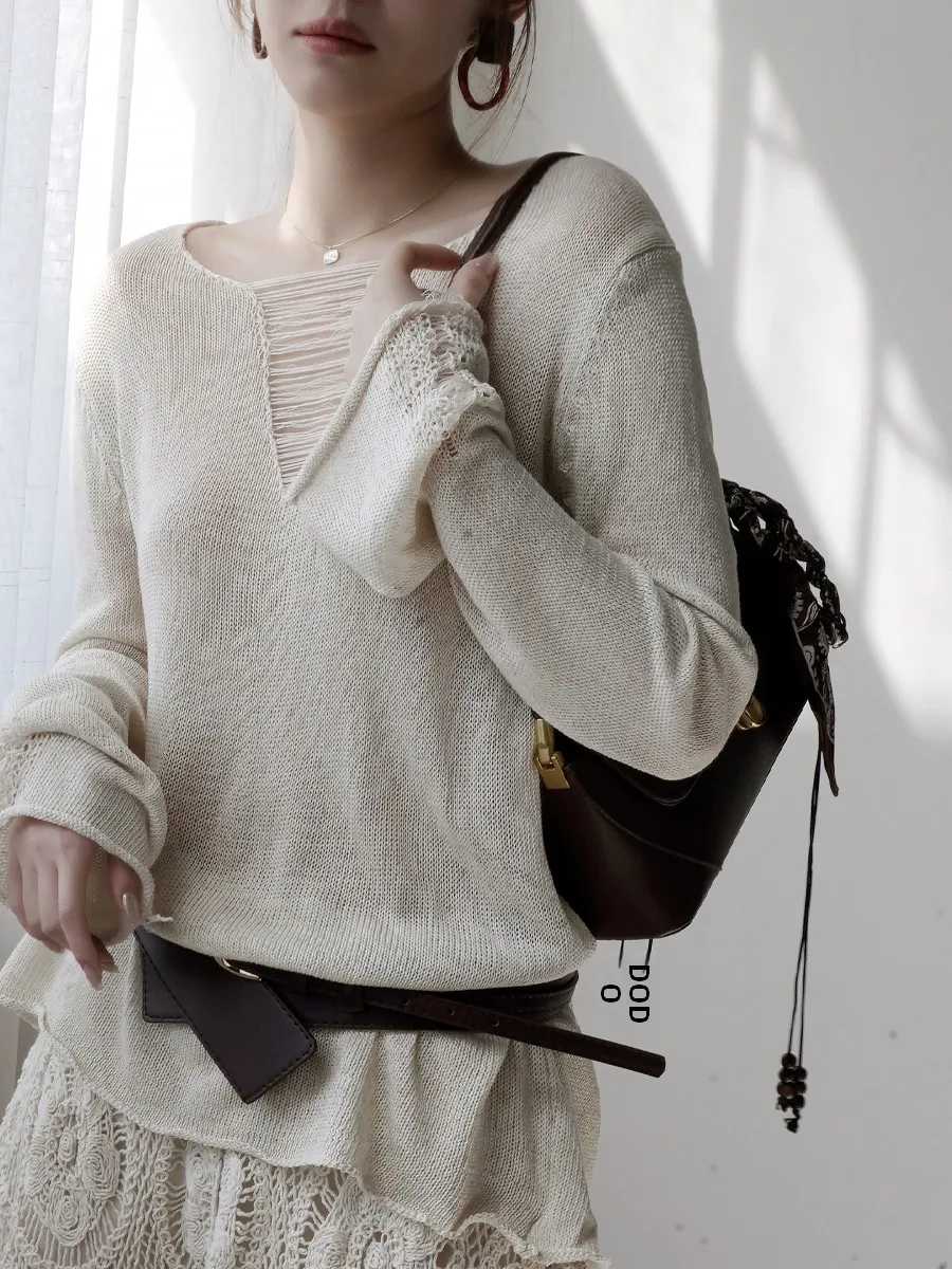 

Warmo Silk Linen Thread Knitted V-Neck Long Sleeve Loose Fit Spring 2026 Women's Fashion Vintage Style Hollow out Design Sweater