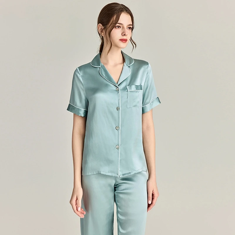 

19MM 100% Mulberry Silk Women's Pajamas Sets Short Sleeve Buttons Top & Trousers Sleepwear 2 Piece Pj Set Loungewear Pajama Suit