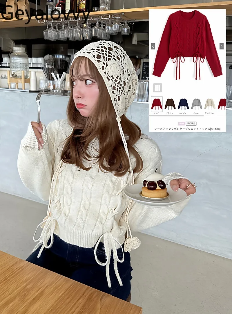 

2026 Spring New Japanese Sweet Style Cross Drawstring Lace-up Sweater Versatile Round Neck Slim Fit Short Knitted Pullover
