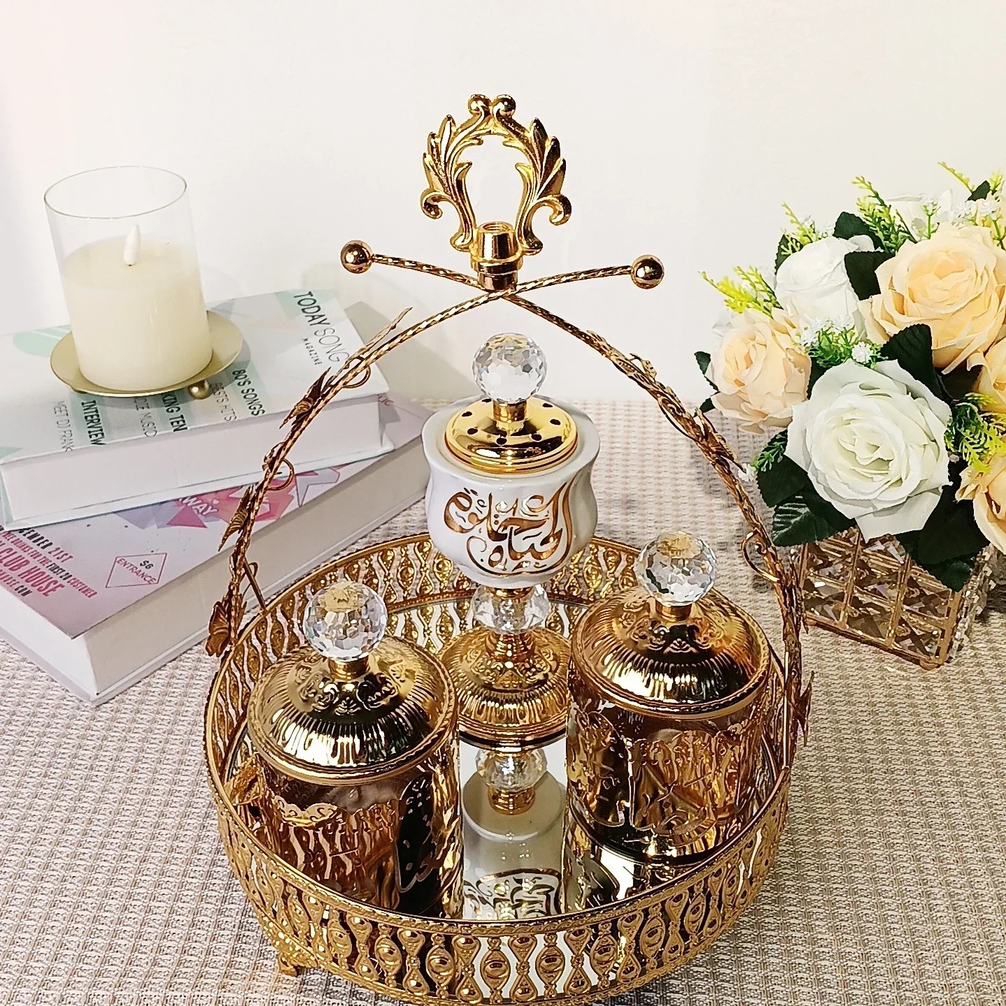 high quality modern party wedding home decoration metal ceramic gold white Arabic incense burner