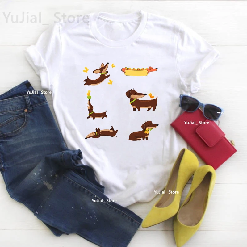 

Dogs Are Whole Life With Dachshund Print T Shirt Girls Harajuku Kawaii Clothes Summer Fashion Tops Tee Shirt Women White T-Shirt