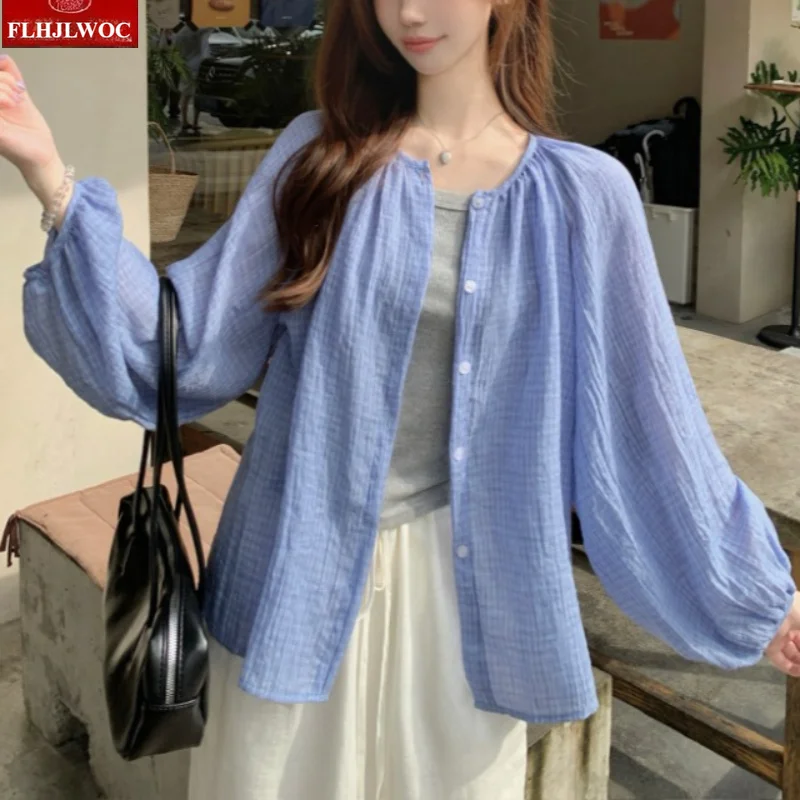 Casual Loose Women Cute Tops Preppy Style Vintage Japan Korea Design Single Breasted Button Green Blue Plaid Shirts Blouses