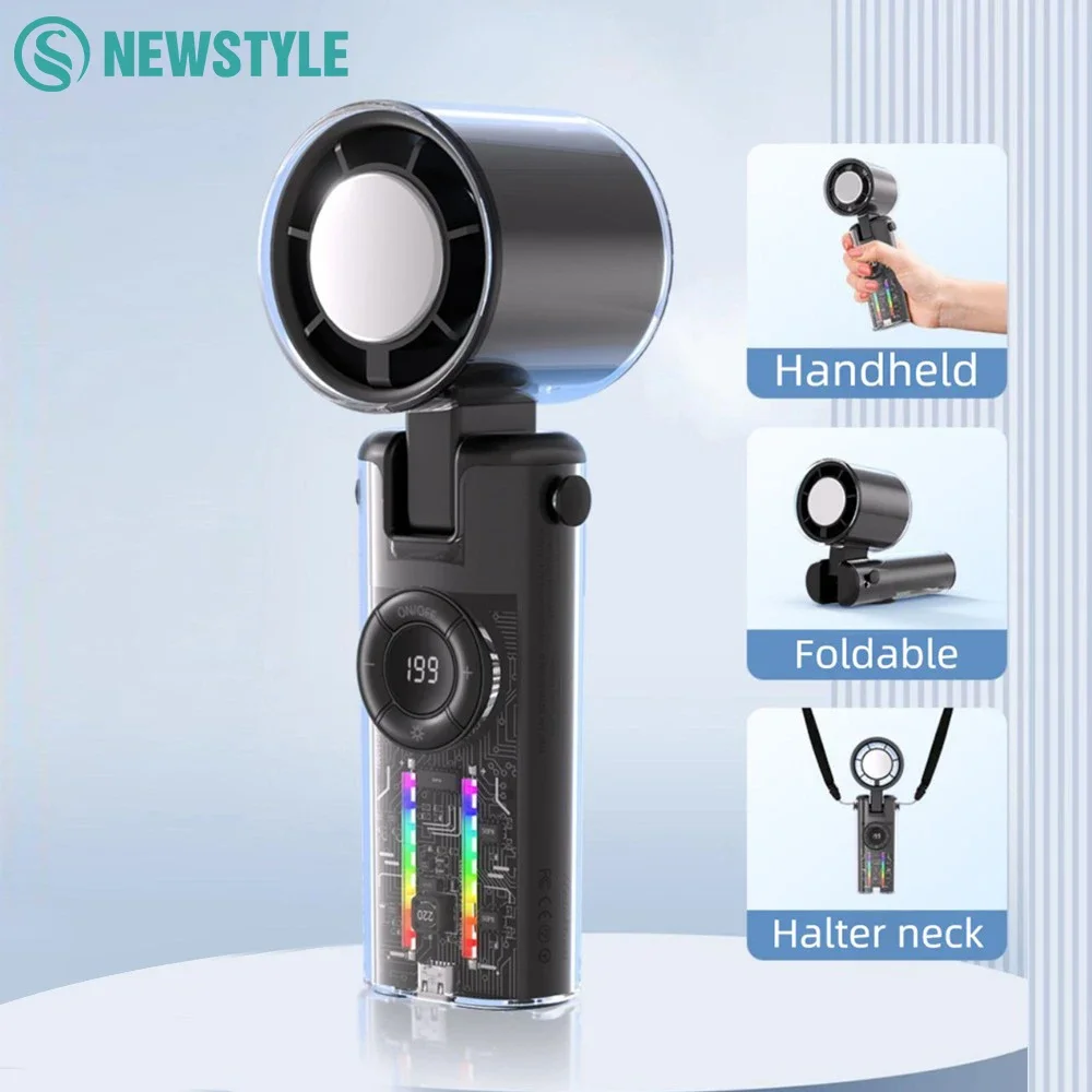 

Mini Handheld Ice Compress Fan with Atmosphere Light 199 SpeedsUSB Rechargeable Turbo FanLED Light Display