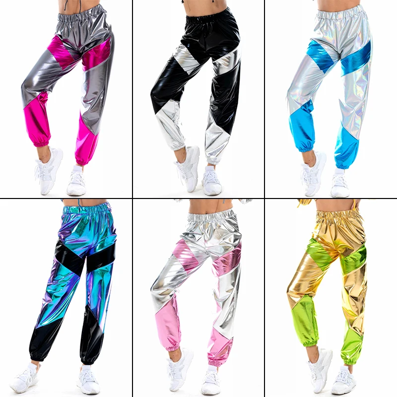 Women Reflective Pants Colorful Laser High Waist Disco Pants Metallic Holographic Trouser Club Dance Performance Hip Hop Joggers