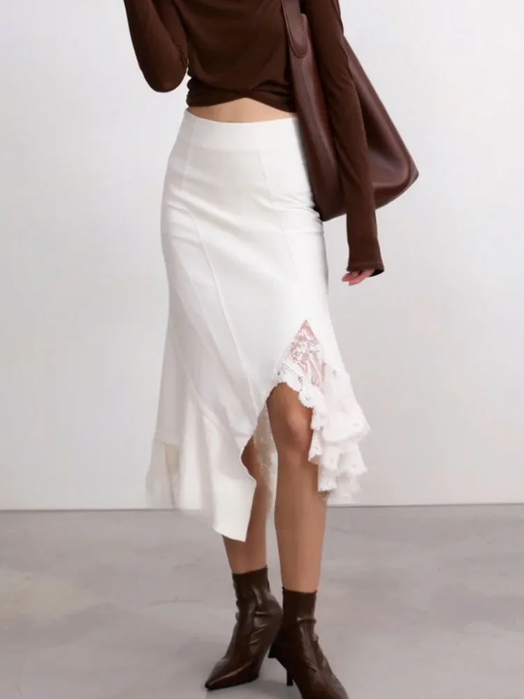 

Асимметричная юбка с высокой талией и кружевными вставками в богемном стиле, дышащая, приятная к телу, во французском стиле, весенняя.