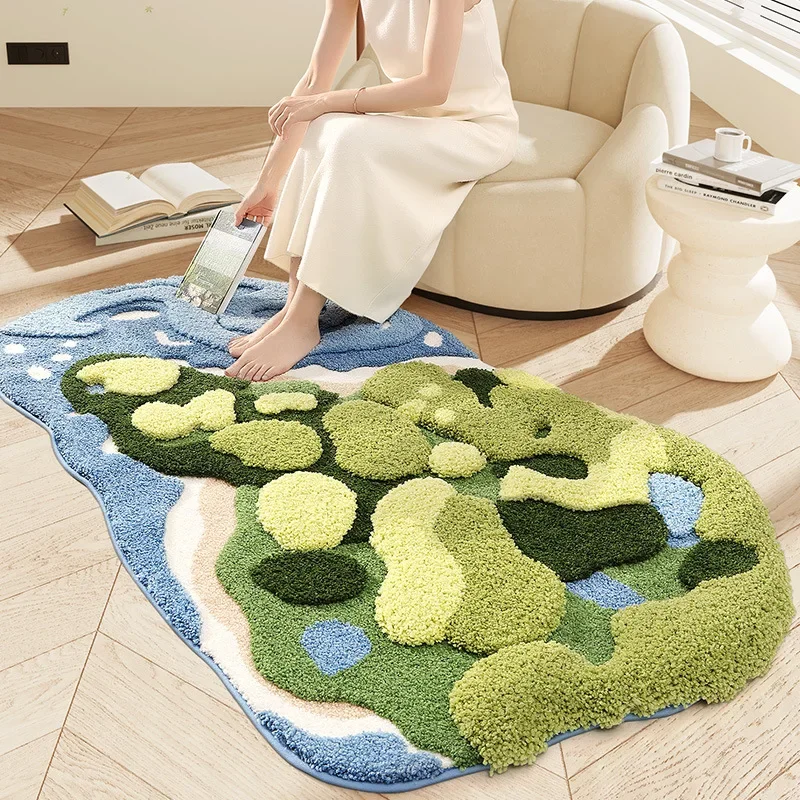 Natural Style Moss Area Rug Bedroom Bedside Rug Thickened Flocking Cloud Foot Feel Home Living Room Decoration Long Carpet