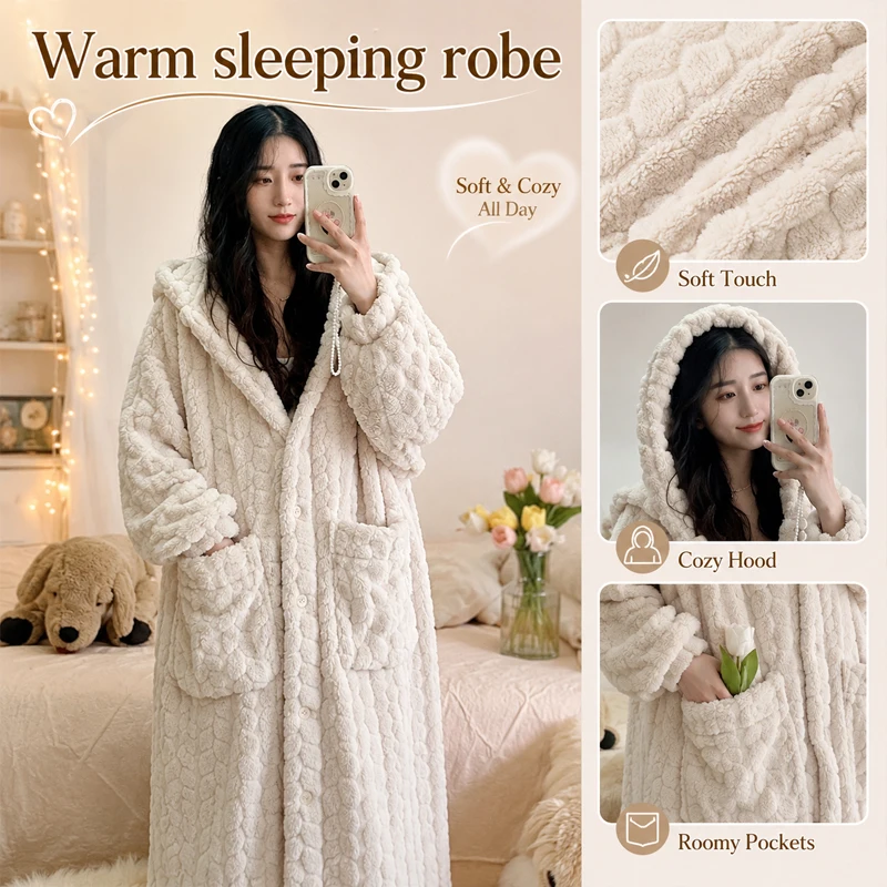 Women's Flannel Coral Fleece Long Hooded Nightgown Warm Plush Loungewear with Pockets Casual Home Sleepwear for Autumn Winter