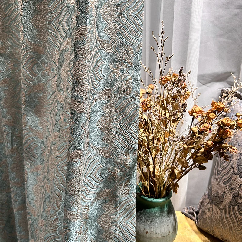 

High end Yarn Dyed Jacquard Blackout Curtains, High Precision Fabric Window Drapes,Ocean Tide Design Blue Curtains