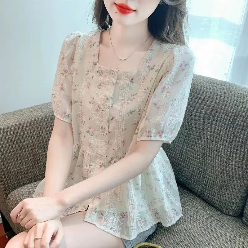

French Women Summer Square Neck Loose Chiffon Floral Short Sleeve Blouse