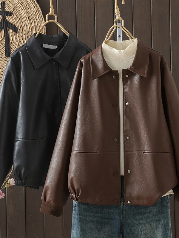 クールレザー ジャエット レディース ソフトPU ブラウン フリップカラーコート 秋 ファッション 小さいサイズ ブラレザー アウターウェア ロングスリーブ
