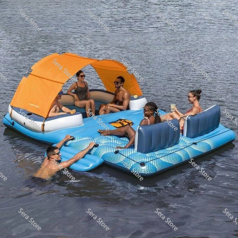 Large inflatable floating island with awning  island floating at sea adult household unshade boat