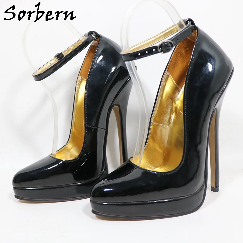 

Sorbern/черные женские туфли-лодочки на высоком каблуке 16 см, на платформе с острым носком и ремешком на щиколотке, натуральная кожа, цвета на заказ