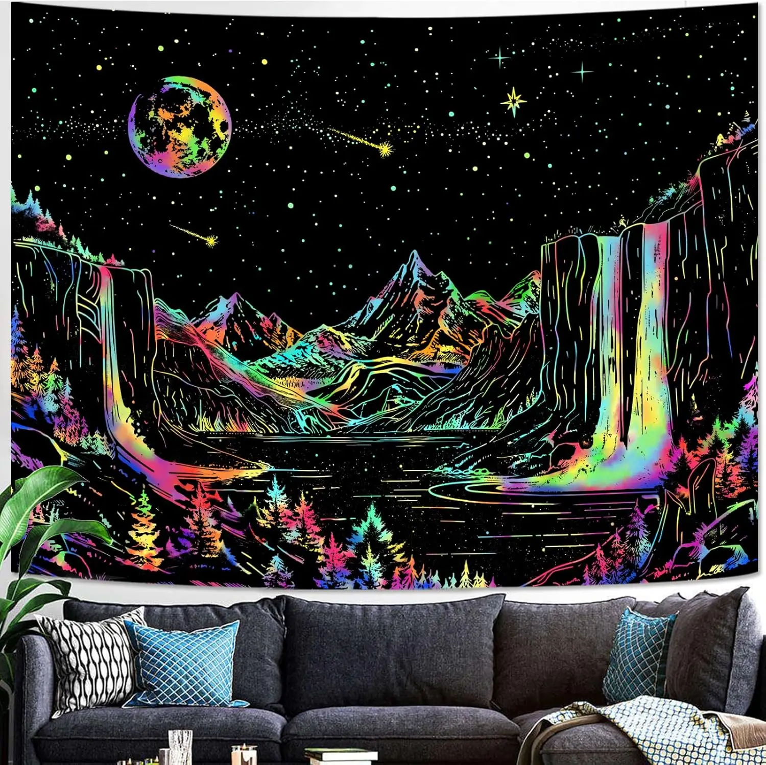 Psychedelic Mountain Waterfall Tapestry,Blacklight Reactive Rainbow Landscape Print Wall Hanging for Trippy Aesthetic Room Decor