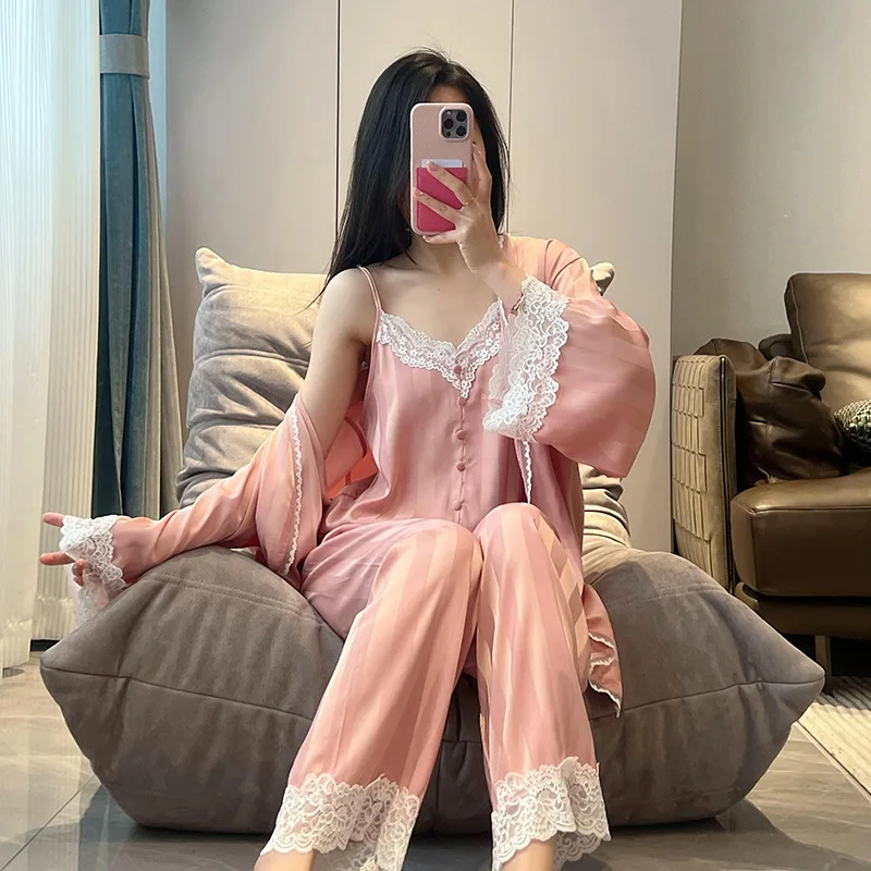 Spring Pajamas 3 Piece Set Silk Rayon Home Clothes Luxury Sleepwear Women Long Sleeve Shirt&pants Outfit Loungewear Nightwear ﻿