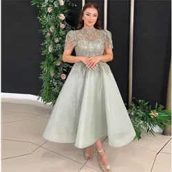 Fashionvane 2024 Customized Saudi Arabia Women A-Line High Neck Short Sleeves Prom Dress Cocktail Gown Dubai Formal Dress