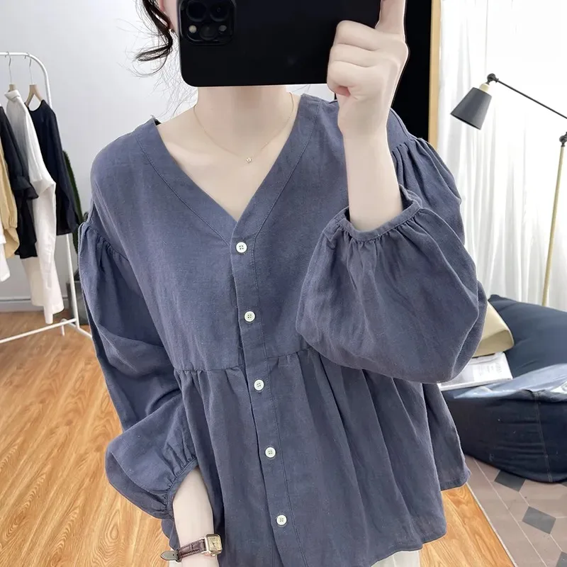 

Women's V-Neck Lantern Sleeve Blouse Casual Loose Fit Button Down Ruffled Hem Cotton Linen Shirt