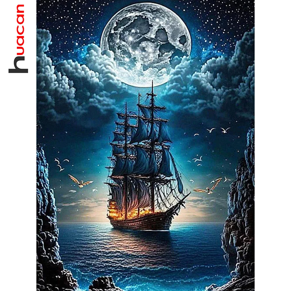 Huacan Full Diamond Embroidery Landscape Cross Stitch Kits DIY Diamond Mosaic Moon Rhinestone Pictures Gift Decorative Paintings