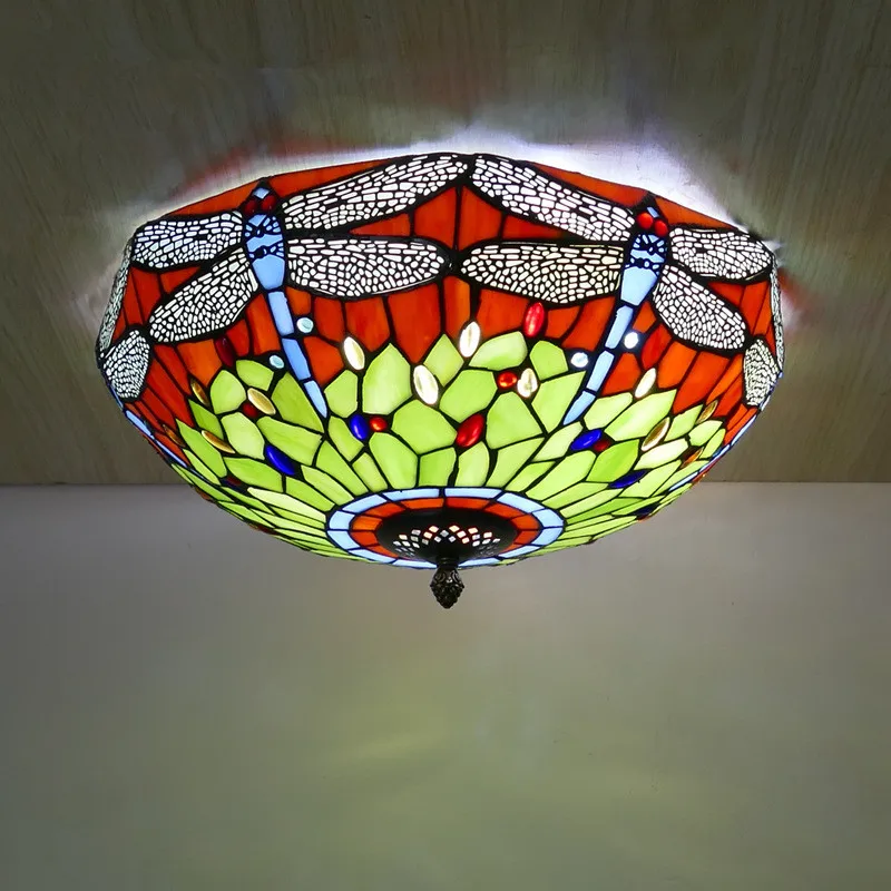 OUFULA Tiffany Ceiling Light American Countryside Bedroom Study Modern Creative Bar Counter Corridor Colored Glass Ceiling Light