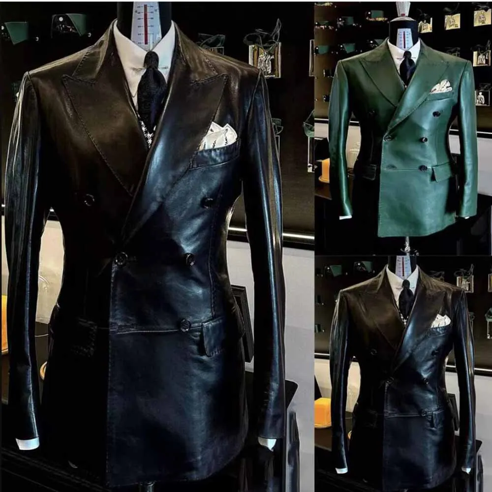 Leather Suits For Men Wide Peak Lapel Prom Dinner Party Blazers Customized Double Breasted Groom Wedding Tuxedos Male Clothing